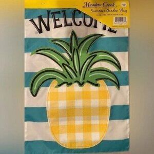 Welcome Garden Flag Pineapple Applique Gingham Stripe 12.5" X 18" Outdoo…